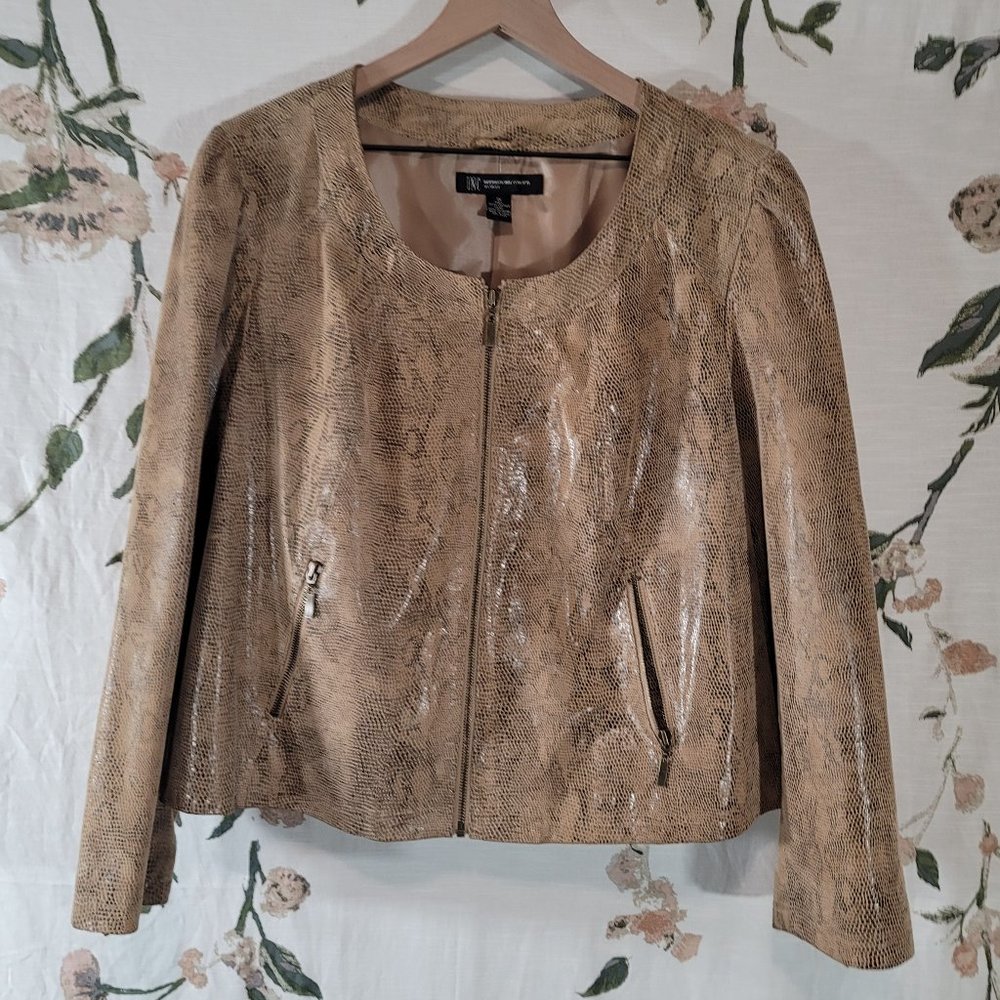 INC Woman Tan Snakeskin Print Leather Jacket
